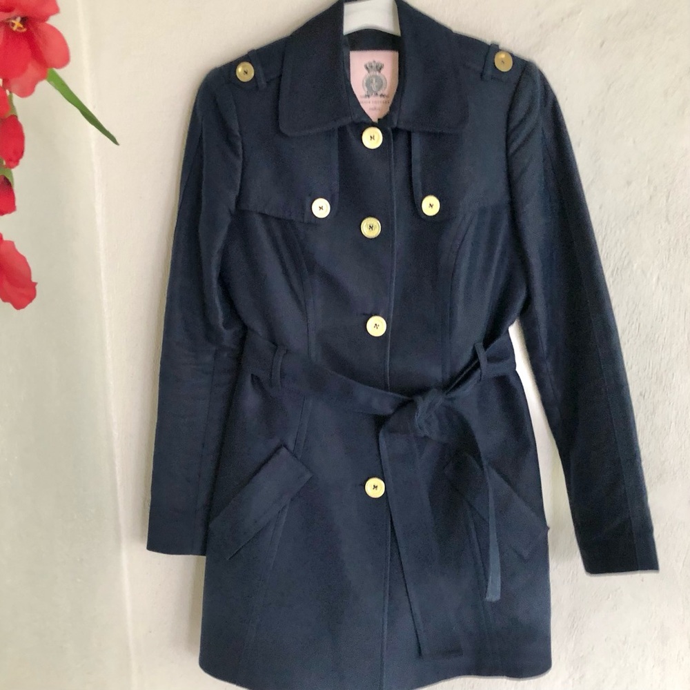 Juicy Couture navy blue belted classic cool Trench coat Size Small Excellent